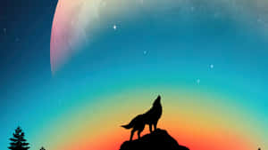 狼在粉紅月亮和星星下的山頂嚎叫