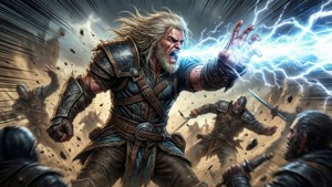 鬍鬚戰士在混亂的戰鬥中引導閃電魔法對抗裝甲敵人。