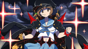 身穿水手服的動畫女孩在夜晚發光的紅色星星下揮舞著魔法星形武器。