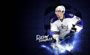 冰球運動員 Drew Doughty 身穿 Kings 制服，手持帶有藍色能量效果的球桿。