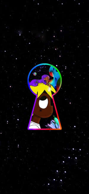 一個卡通角色透過鎖孔看向一個色彩繽紛的太空場景，其中有行星和恆星。