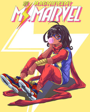 Ms Marvel 穿著超級英雄服裝吹泡泡糖。