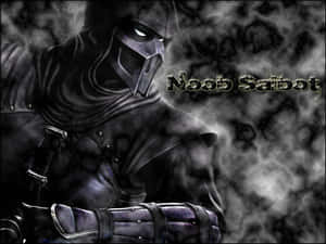 一個身穿暗色盔甲的戰士，眼睛發光，背景煙霧繚繞，標有 Noob Saibot。