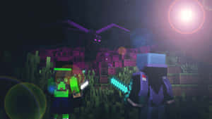 兩個拿著劍的Minecraft角色在夜晚的黑暗森林中對抗一隻巨大的蜘蛛。