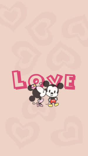 米奇和米妮在粉紅背景上接吻，有心形和LOVE文字。
