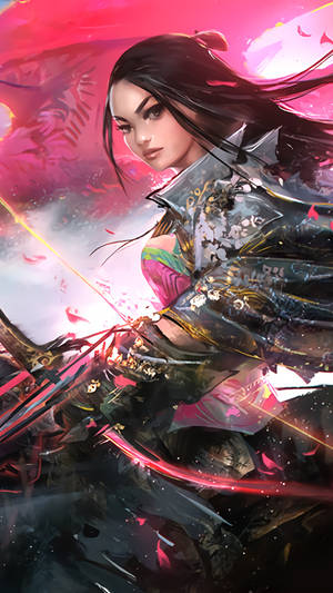 動漫女戰士身穿華麗盔甲，喺風暴中揮舞發光能量刀。
