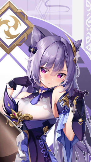 紫髮貓耳的動漫女孩，身穿紫色和金色服裝。