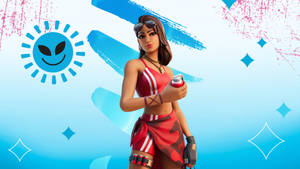 穿著紅色服裝的Fortnite角色，拿著一個帶有外星太陽和鑽石圖案的罐子。 — 型格 Fortnite 壁紙