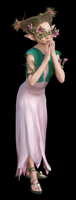一個森林仙女，身穿粉紅色連衣裙，帶有花卉藤蔓和蝴蝶裝飾，雙手合十祈禱。