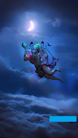 神聖嘅猴神飛過月光照耀嘅雲層，帶住隨從