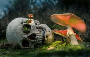 頭骨和蘑菇在長滿苔蘚的森林地面上生長