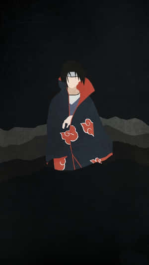 動漫忍者穿著紅色雲紋斗篷，夜晚坐在黑暗的山上。