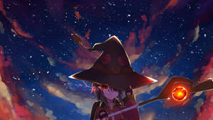 動漫女巫在星空和火雲下拿著發光法杖 — 可愛動漫女仔 壁紙