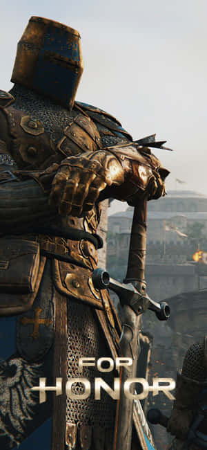 中世紀騎士身穿盔甲手持劍，在黃昏時眺望城堡。 — iPhone 11 Pro 壁紙