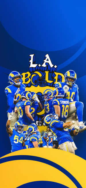 洛杉磯公羊隊美式足球員身穿藍色和金色球衣，以「L.A. BOLD」文字慶祝。