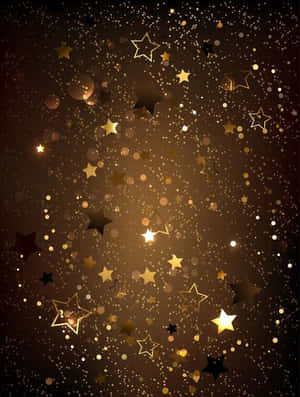 金色星星和閃粉粒子在深棕色漸變背景中漂浮。