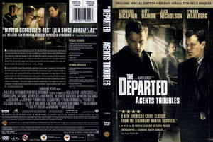 《無間道風雲》DVD封面，展示里安納度·狄卡比奧與麥迪文飾演臥底警察。