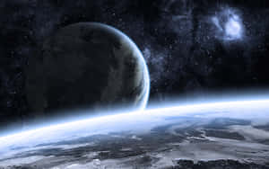 一顆巨大的行星在佈滿星星的太空場景中，從發光的地平線升起。