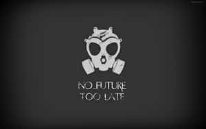 防毒面具，帶有文字 no future too late，在深色紋理背景上