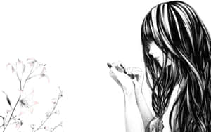 長髮女孩在百合花旁拿著筆的黑白插圖。