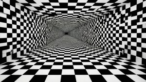 黑白棋盤格隧道以銳利的幾何線條延伸至無限遠。 — 國際象棋 壁紙