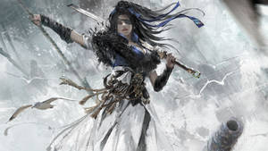 動漫女戰士在雪風中揮舞兩把劍，鳥兒飛翔。 — 火影忍者疾風傳 壁紙