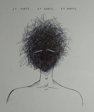 一個有塗鴉頭嘅人物，上面有文字 'IT HURTS, IT HURTS, IT HURTS'。
