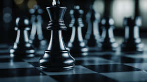 黑色國際象棋國王在棋盤上，背景有模糊棋子