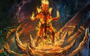 燃燒的惡魔，發光的眼睛和熔化的盔甲，站在黑暗洞穴中鋸齒狀的石爪上。