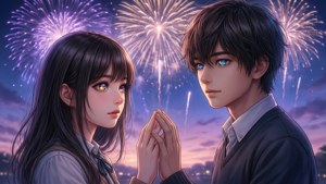 年輕動漫情侶在煙火下牽手，黃昏時分。