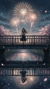 穿著校服的動漫女孩在橋上觀看煙花倒映在水中，櫻花飄落。
