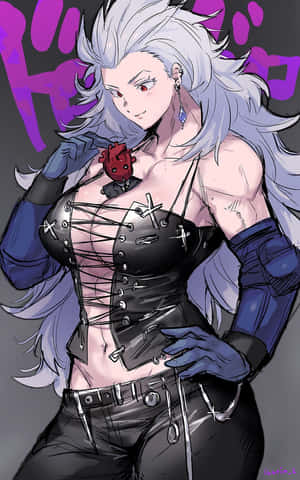 銀髮紅眼的動漫女性，穿著黑色蕾絲緊身胸衣和藍色手套。