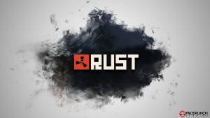 灰色背景上帶有墨水飛濺效果的 Rust 遊戲標誌 — 遊戲 壁紙