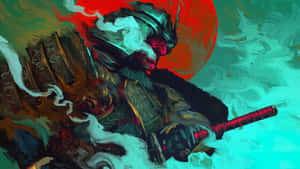 身穿盔甲的武士手持武士刀，背景是紅色太陽和藍綠色漩渦。