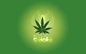 發光的大麻葉，帶有煙霧，下方有「smoke」字樣，綠色背景。
