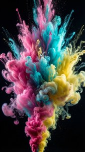 色彩繽紛的墨水在黑色背景上爆炸成動態漩渦。