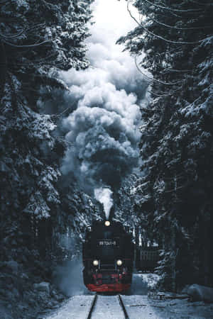 一列蒸汽火車穿過白雪覆蓋的森林，煙霧向上翻騰。