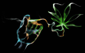 發光的手釋放出彩色煙霧，轉變為綠色大麻葉。