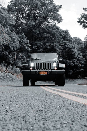 陰天下森林道路上行駛的黑色Jeep Wrangler，車頭燈亮著