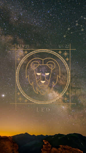 獅子座符號在黃昏時分山脈上方的星空夜空中閃耀著金色光芒。