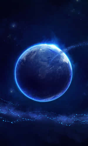 深空中一顆發光的藍色行星，被星星和宇宙軌跡環繞。