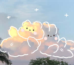 兩隻卡通熊仔面紅紅，喺粉彩天空下嘅 fluffy 雲層中。