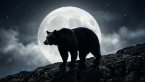 黑熊站在岩石峭壁上，背景是滿月和星星