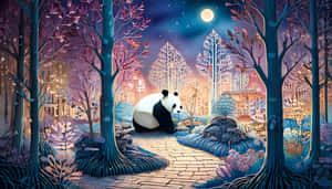 一隻熊貓坐在發光森林的石徑上，在滿月下，遠處有城市燈光。 — 夜晚 GIF 壁紙