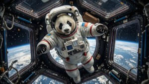 穿著太空衣的熊貓在太空站內漂浮，外面可見地球。