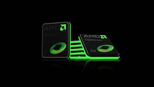 兩塊發光的綠色 AMD Opteron 64 處理器在黑色反射表面上。