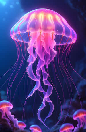 一隻發光的粉紅色和紫色水母在深藍色海水中漂流 — 霓虹 壁紙