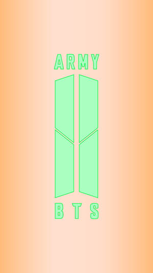 BTS標誌搭配綠色「ARMY」文字，置於柔和橙色漸變背景上。 — BTS標誌 壁紙