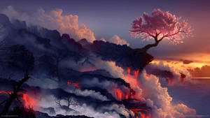 一棵櫻花樹在夕陽下，以火山景觀為背景，散發粉紅光芒，熔岩流淌，雲層翻湧。 — 史詩 壁紙