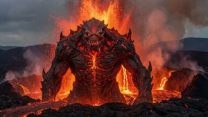 熔岩惡魔從火山地形中出現，帶有發光的眼睛和流動的熔岩。